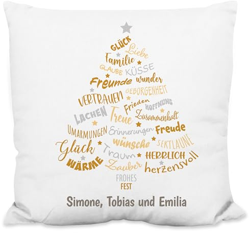 True Statements Weihnachtskissen personalisiert „Sprechender Tannenbaum in Gold“ - 40x40cm, inkl. Kissen-Füllung – Deko Zierkissen Geschenk Weihnachten (Flauschiges Kissen)