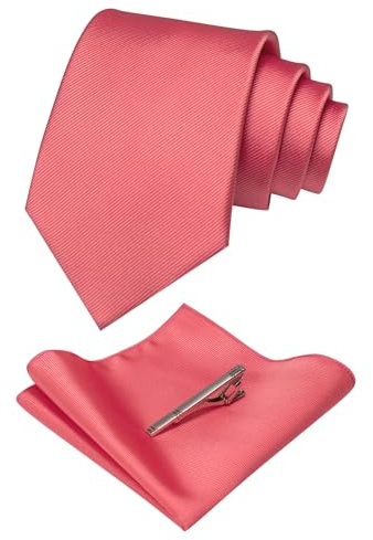 JEMYGINS Seide Krawatte Krawatten und Einstecktuch mit krawattenklammer Set für Herren Seidenkrawatten Hochzeit Schlips Korallenrosa