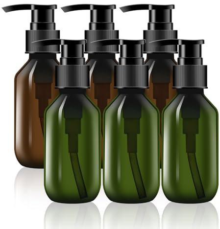 Paquete de 6 Mini Botellas de Bomba de Plástico de 100 ml Rellenables, Dispensador de Loción, Botella Vacía, Ámbar y Verde, para Champú y Loción de Lavado Corporal