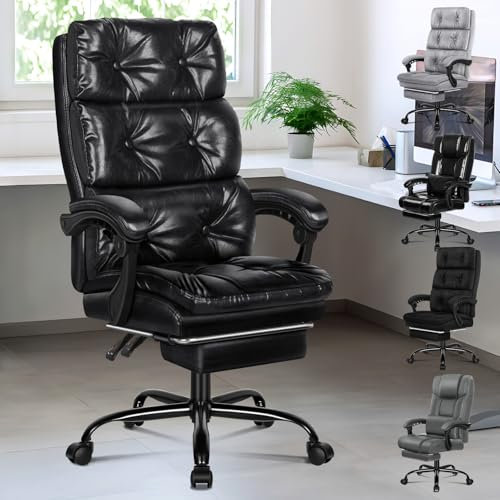 ALFORDSON Bürostuhl mit Doppellagigem Kissen, Computer-Schreibtischstuhl mit Fußstützen-Armlehnen, Hoher Rückenlehne, 150°-Liege, Neigbar, 360° Drehbar, PU-Leder, Glänzend schwarz