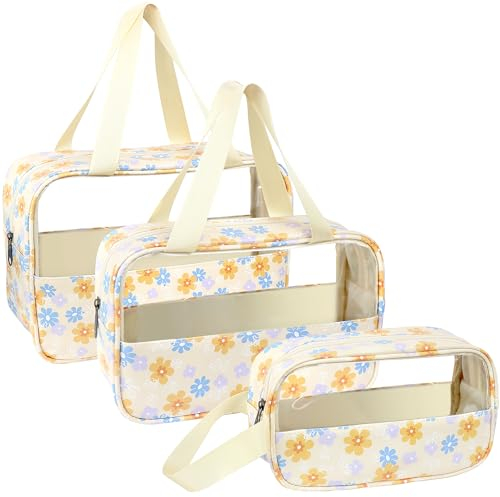 LEcylankEr Trousse de Toilette Transparente 3 Pièces, Trousse de Toilette PVC Étanche pour Femme, Trousse de Maquillage Légère pour Voyage Set (Imprimé Jaune)