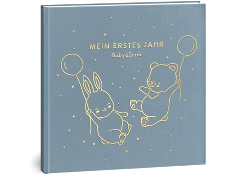 Mein erstes Jahr Babyalbum - Hochwertiges Leinenbuch mit Goldprägung für die schönsten Erinnerungen - Babybuch zum Eintragen für das erste Lebensjahr - Baby Geschenk zur Geburt (Luftballons Blau)