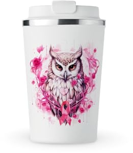 MAXIKIWI - Insulated Double Walled, Leakproof Stainless Steel Mug, Coffee or Tea Travel Tumbler with Lid, Keep Drinks Hot and Cold - Owl Cancer Awareness - 350ml