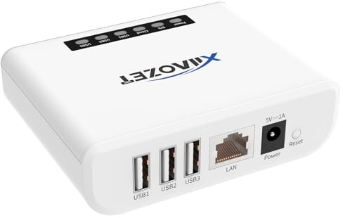 Xiiaozet Trådlös utskriftsserver för att dela 3 USB-skrivare över det lokala nätverket, enkel installation, stöder bild- och textutskrift, kompatibel med alla skrivare
