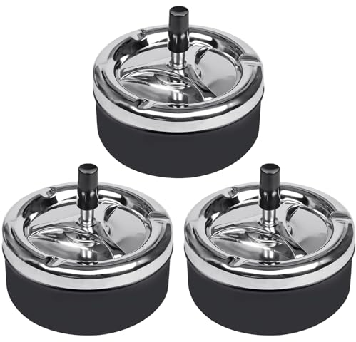 3 Stück QUALSEN Aschenbecher Mit Deckel,Drehaschenbecher,Drehaschenbecher Groß,Aschenbecher mit Drehknopf,Metall/Chrom/schwarz ca. 9.5 Durchmesser,Geeignet für das Büro im Freien, zu Hause