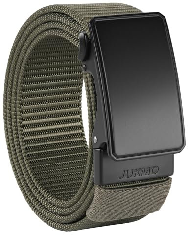 JUKMO Cintura da uomo in nylon a cricchetto, 3,8 cm, casual, con fibbia scorrevole, per jeans, senza fori, regolabile per adattarsi, Verde militare, Medium-for Waist 36-42(Length 49)