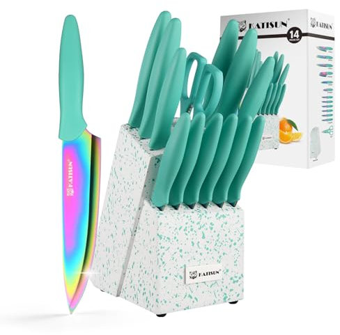 KATISUN Messerset 14-teilig, Regenbogenfarben, Deutscher Stahl, Kunststoffgriffe, langlebig und superscharf