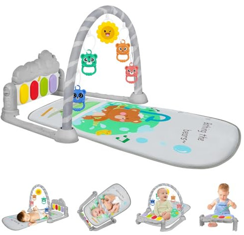 AOMIG Piano-Gym Spieldecke, Krabbeldecke mit Musik und Lichtern, Spielmatte mit Spielbogen abnehmbarem Babyspielzeug, Bauchzeit Activity Decke für Kleinkinder ab der Geburt – Badebär