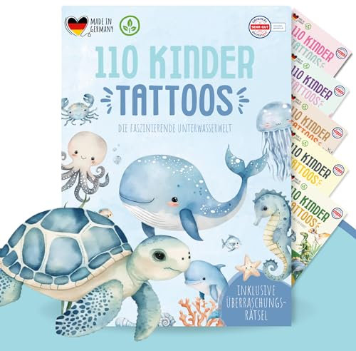 MeinBaby123 110 hautfreundliche Kinder Tattoos Unterwasserwelt, Tattoos, Wal, Schildkröte, Delfin Tattoo Kinder, Kindertattoos zum Aufkleben, vegan & made in Germany (1x Unterwasserwelt)