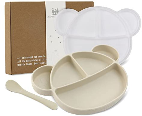 Miracle Baby Assiette Silicone avec Ventouse pour Bébé Assiette Antiderapante avec Couvercle et Cuillère Assiette Enfant Fille Garçon Set avec Boîte Cadeau, Sans BPA et Lave-vaisselle (Abricot)