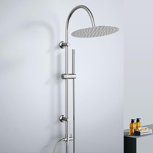 Görbach Colonna Doccia senza Miscelatore Termostatico Cromato Colonna Doccia idromassaggio in Acciaio INOX 304 Set Doccia a Pioggia con Soffione e Doccetta a Mano, rotondo XXL D30 cm