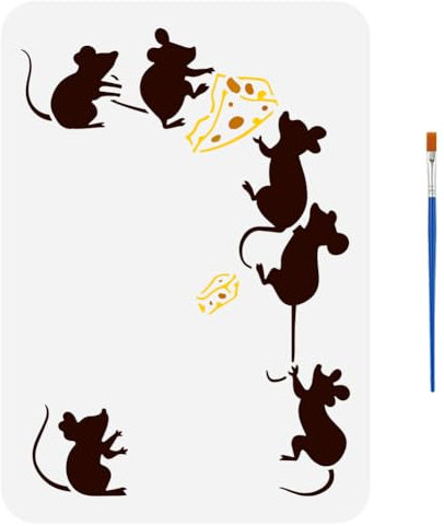 FINGERINSPIRE Maus Käse Schablone Mit Pinsel 21x29.7cm Süße Maus Malvorlage Käsemuster Schablone Zum Malen Maus Silhouette Vorlage Tiermotiv Vorlage Für Wanddekoration