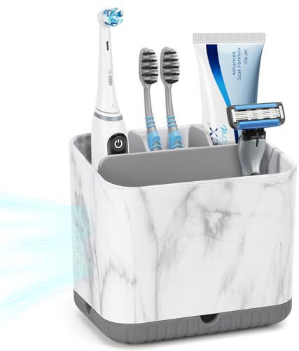 toprance Toothbrush Holder Caddy Marble-Look Electric Toothbrush Holder with Drip Tray, Non-Slip 4 Slots Toothbrush Storage for Bathroom Toothpaste and Tooth Brush Tidy