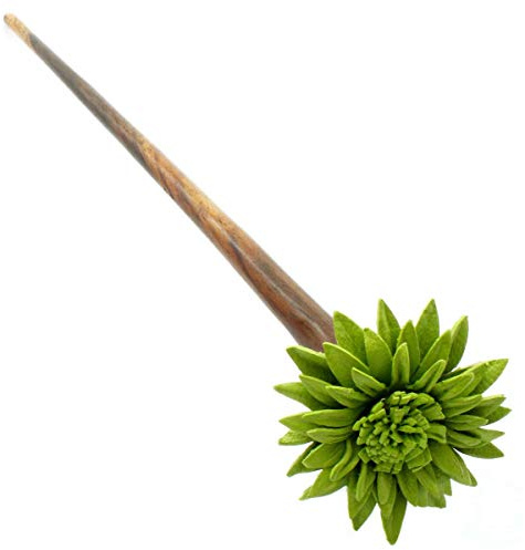 ISLAND PIERCINGS Haarnadel Handarbeit aus Holz mit grüner Blüte aus Leder HN135