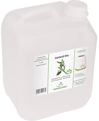 MASSAGE-EXPERT Jojobaöl Bio kaltgepresst - Basisöl für Massage, Babymassage, Hautpflege und Haarpflege [5 Liter Kanister]