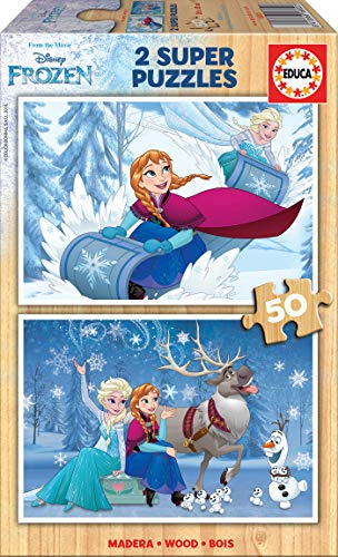 Educa 16802, Die Eiskönigin, 2x50 Teile Holzpuzzle, Anna und ELSA, Kinderpuzzle ab 4 Jahren