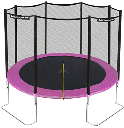 Ultrasport Giardino, Adatto Ingresso Basso, Set Completo, Incluso Tappeto Elastico con Rivestimento UV, Rete di Sicurezza, Staffe in Acciaio Unisex-Bambini, Rosa, Trampolino-Ø 305 cm