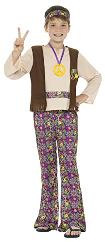 Smiffys Hippie-Jungenkostüm, Mehrfarbig, mit Oberteil, befestigter Weste, Hose, Anhänger und Kopfband