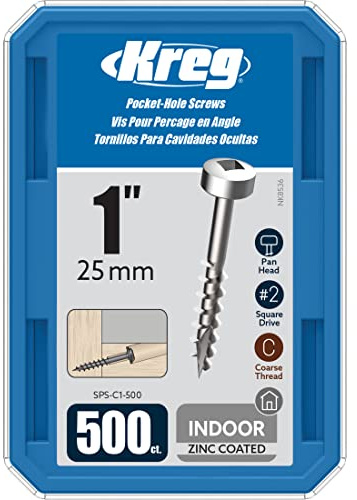 Kreg SPS-C1-500 Zinc Pocket Screws, 1-Inch, #7 Coarse Thread, Pan Head (500 Count) | Zinc Pocket-hole Screws, Coarse Thread, Pan Head for Strong Indoor Woodworking Joints