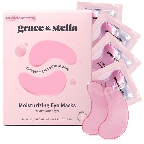 Award Winning Under Eye Mask - Reduce Dark Circles, Puffy Eyes, Undereye Bags, Wrinkles - Gel Under Eye Patches, Vegan Cruelty-Free Self Care by grace and stella (24 Pairs, Pink)