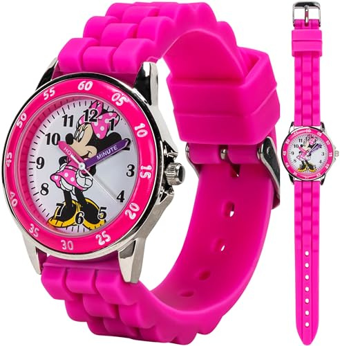 Disney Minnie Mouse Kids' Time Teacher Watch – Pink Rubber Strap, Easy-Read Analog Dial with Minnie Artwork, Enamel Bezel, Educational Watch for Girls – Fits Wrists 5.5 to 8