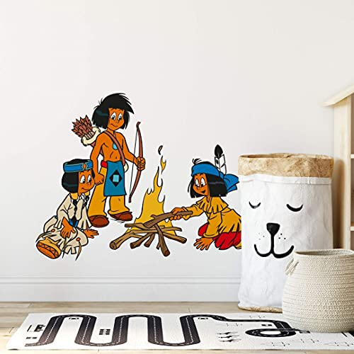 Wandtattoo Indianer Yakari mit Indianermädchen Regenbogen am Lagerfeuer Wandsticker Abenteuer Spielzimmer Gr: 39x30cm