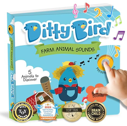 Ditty Bird Livre Animaux de la Ferme interactif avec Sons réalistes pour Tout-Petits de 1 à 3 Ans. Livre sensoriel et Musical, Parfait pour Les Amoureux des Animaux de Ferme. Jouet Robuste pour bébés