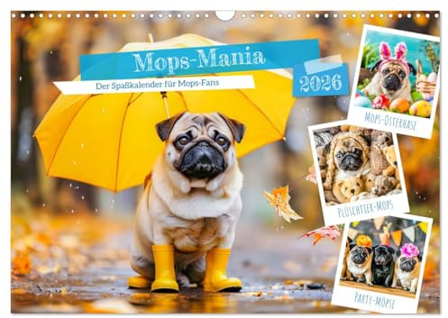 Mops-Mania - Der Spaßkalender für Mops-Fans (Wandkalender 2026 DIN A3 quer), CALVENDO Monatskalender: Lustige Bilder vom Mops-Hund für gute Laune (CALVENDO Tiere)
