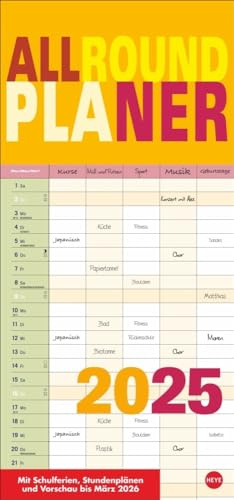Allroundplaner bunt 2025: Praktischer Wandplaner mit 5 Spalten. Wandkalender mit Schulferien und 3-Monats-Ausblick. Termin-Kalender 2025. 21 x 45 cm. (Bürokalender Heye)