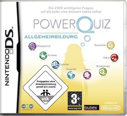 Power Quiz, Allgemeinbildung, Nintendo DS-SpielDie 2000 wichtigsten Fragen, auf die jeder eine Antwort haben sollte! Wissenschaft, Kurioses, Sprache, Geografie, Natur, Unterhaltung, Kultur, Geschichte. Dieses Produkt ist durch technische Schutzmaßnah