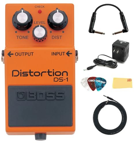 Boss DS-1 Distortion Bundle mit Netzteil, Instrumentenkabel, Patchkabel, Plektren und Austin Bazaar Poliertuch