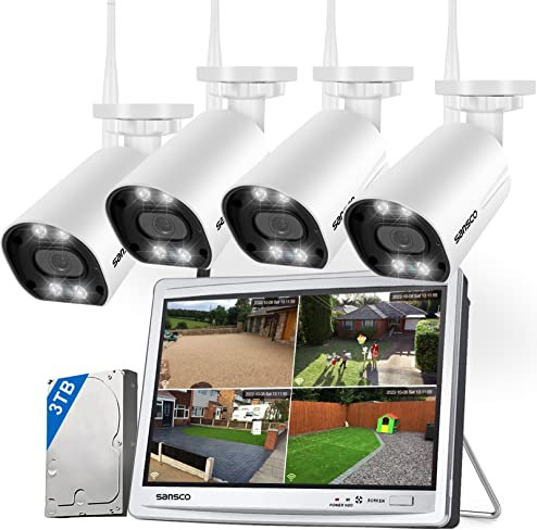 SANSCO Wireless CCTV Camera System with 12 Screen Monitor, 16CH NVR Recorder Systems 1TB Hard Drive, 4x 4+4MP Dual lens PTZ Outdoor WiFi IP Cameras, (4-OLD)