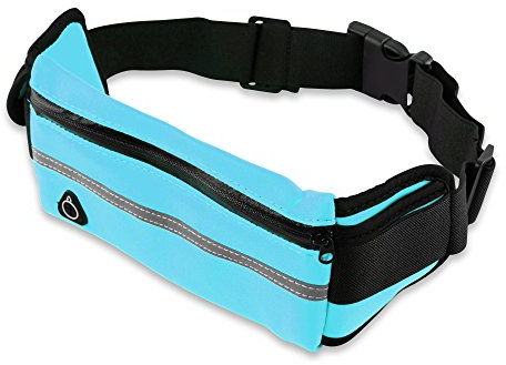 EmpireAthletics - Neopren Hüfttasche (Hüftumfang von 70-100 cm) für alle Smartphones mit Schlüsselfach, Kopfhöreranschluss und Steckschließe - Sport Jogging Bauchtasche Laufgürtel in BLAU
