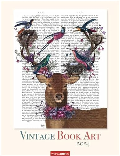 Vintage Book Art Kalender 2024. Kunst trifft Literatur: Farbenfrohe Collagen auf alten Buchseiten in einem Wand-Kalender 2024 für Bücherfreunde. Der Dekotrend als Bildkalender! Hochformat 34x44 cm