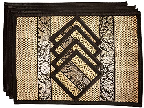 Hand-Woven Wicker Reed Placemats and Coaster Set - Alternative to Plastic - Heat Resistant - Thai Style - Durable and Clean - Perfect for Dining Table Décor - Set of 4 (Medium Black)