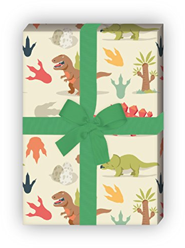 Kartenkaufrausch Dinosaurier Kinder Geschenkpapier Set für tolle Geschenk Verpackung, 4 Bögen Musterpapier, Dekorpapier zum basteln 32 x 48cm,auf beige
