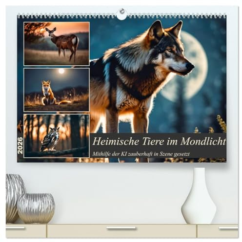 Heimische Tiere im Mondlicht (hochwertiger Premium Wandkalender 2026 DIN A2 quer), Kunstdruck in Hochglanz: Wolf, Adler und Co. von der KI in Szene gesetzt (CALVENDO Tiere)