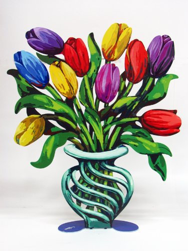 David Gerstein Moderne Kunst-Skulptur aus Metall mit Tulpen und Blumenvase.