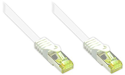 Kabelmeister® RJ45 Patchkabel mit Cat. 7 Rohkabel und Rastnasenschutz (RNS®), S/FTP, PiMF, halogenfrei, 500MHz, OFC, weiß, 30m