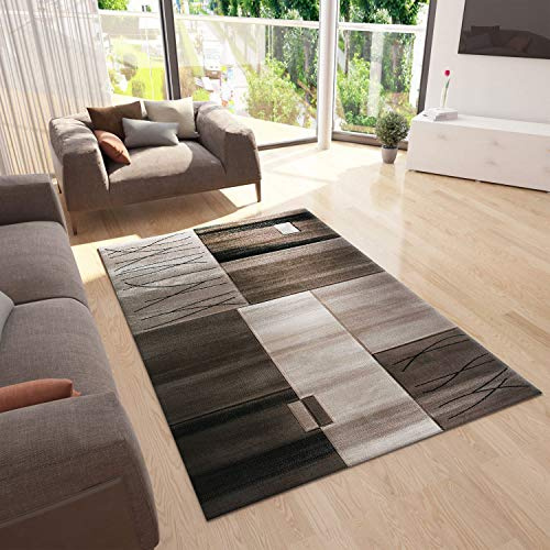 VIMODA Designer Teppich Wohnzimmer Braun Beige Kacheloptik mit Farbverlauf und Konturenschnitt, Maße:200 x 290 cm