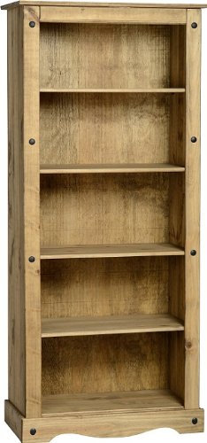 Seconique Corona Tall Bookcase/Storage/CD/DVD - Solid Pine - Distressed Waxed Finish