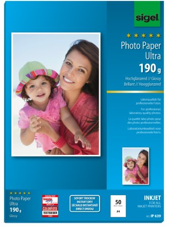 SIGEL IP639 InkJet-Fotopapier Ultra, A4, 50 Blatt, hochglänzend, extrem lichtbeständig, 190 g, für hochwertige Fotografien