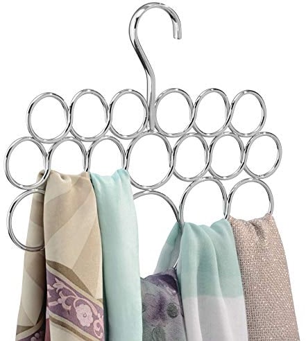 iDesign Axis Scarf Holder with 18 Rings, Wardrobe Organiser for Scarves, Ties, Belts Etc, Made of Metal, Silver, Chrome, Single Pack