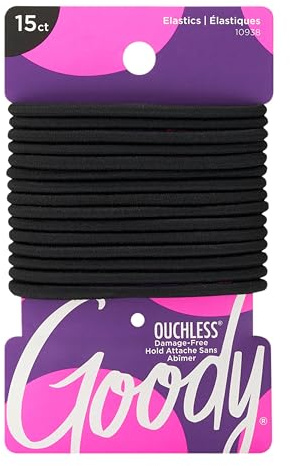 Goody Ouchless Hair Elastics – No Pull, No Breakage, Tangle-Free Hold for Thick, Curly, Coily & Textured Hair – 15 Count, Black, Long-Lasting Ponytail Holders for Women & Men