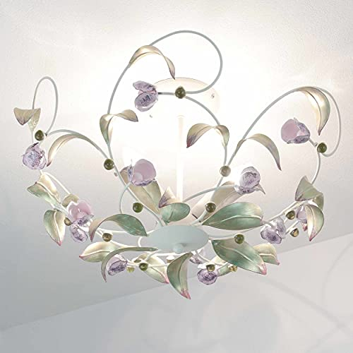 Licht-Erlebnisse Deckenlampe Glas Metall Weiß Rosa Küche Flur Wohnzimmer B:64 cm E14 max. 60 Watt 3-flmg Floral verspielte Deckenleuchte Esstisch ROSE