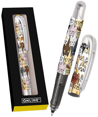 Online College „Katzen“ Tintenroller mit Patrone I Ergonomischer Rollerball für Rechts- & Linkshänder mit süßem Katzen-Design I Tintenroller Kinder 0.5 mm I inkl. Kombipatrone blau I Made in Germany