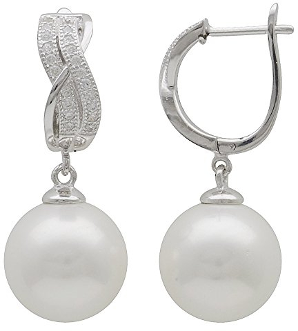 Ohrringe Ohrhänger mit 14 mm Perlen Muschelkernperlen Zirkonia weiß 925 Silber