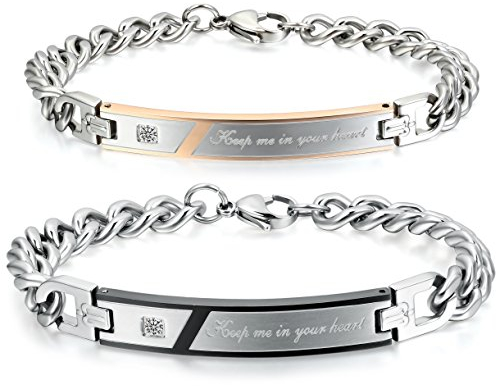 JewelryWe Valentinstag Schmuck 2 Edelstahl Armbänder Panzerarmband mit Keep Me in Your Heart Gravur Panzerkette Partnerarmband Damen Herren Armreif, Silber Schwarz Gold, mit Geschenk Tüte