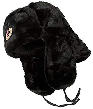 Russische Uschanka-Mütze, aus Kunstfell, 59 cm, mit abnehmbarem Sowjet-Abzeichen Gr. One size, schwarz