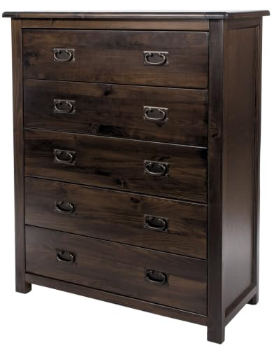 Core Products Boston 5-Drawer Chest of Drawers | Rustic Brown Lacquer Finish | Solid Pine Wood | Bail-Drop Metal Handles | Storage Unit for Bedroom, Living Room, Hallway | W90 x D40 x H114.5 cm